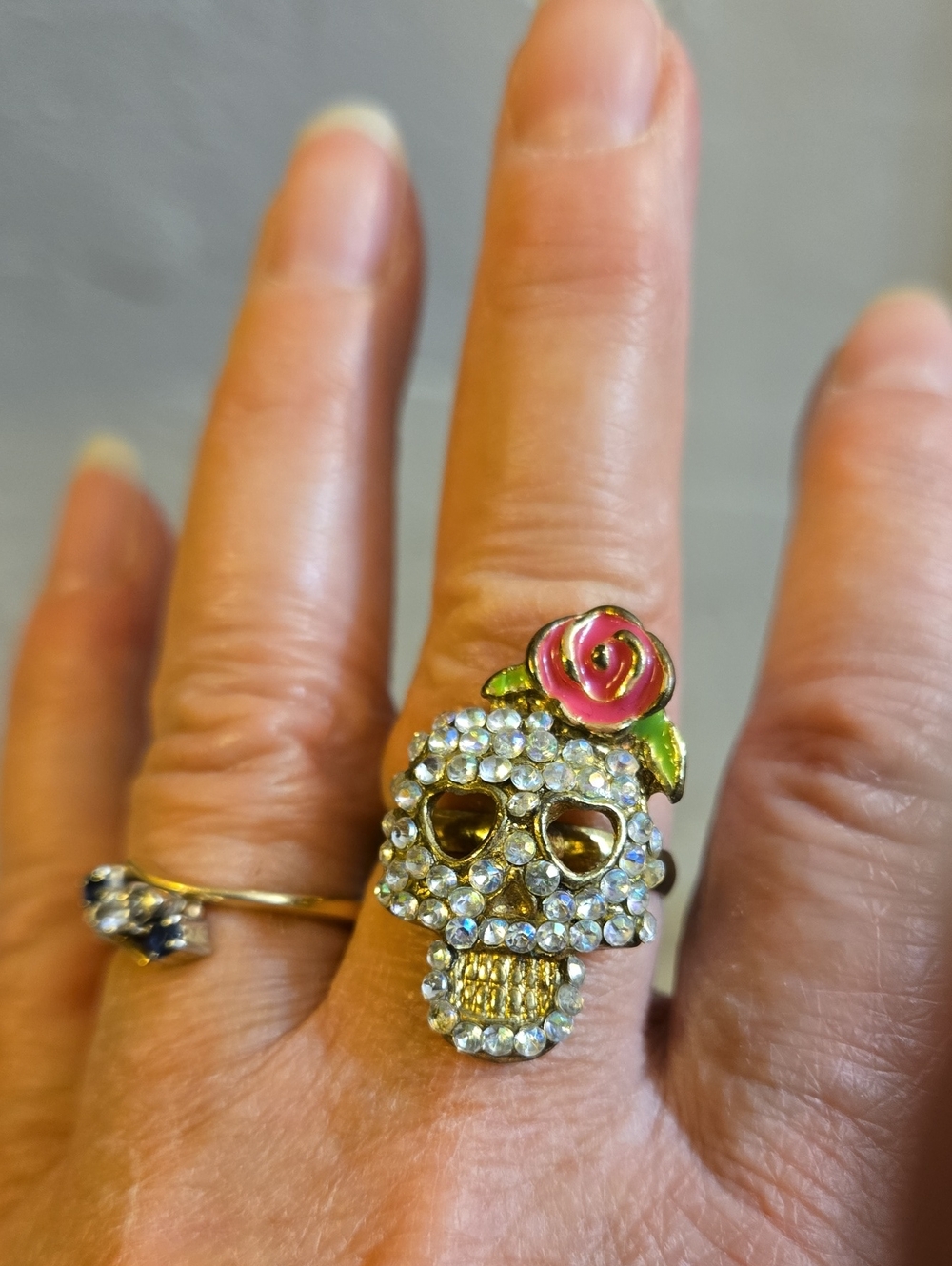 Rhinestone Skull Ring with Pink Rose Accent